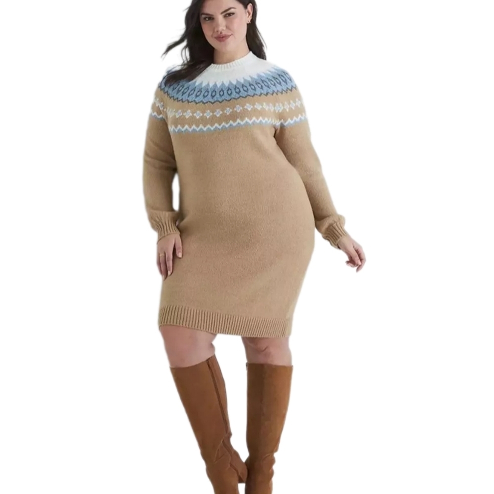 Lane Bryant Fair Isle Sweater Dress | Tan/Blue Size 14/16